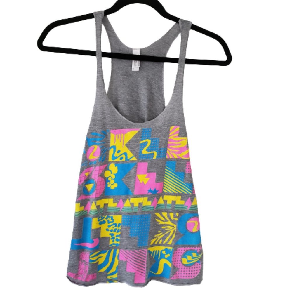 American Apparel Grey Tank Top with Pink, Blue and Yellow Design Size XS…
